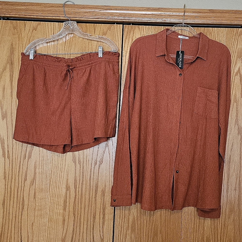 Ekouaer Oversized Rust Textured Shirt and Shorts Set XL